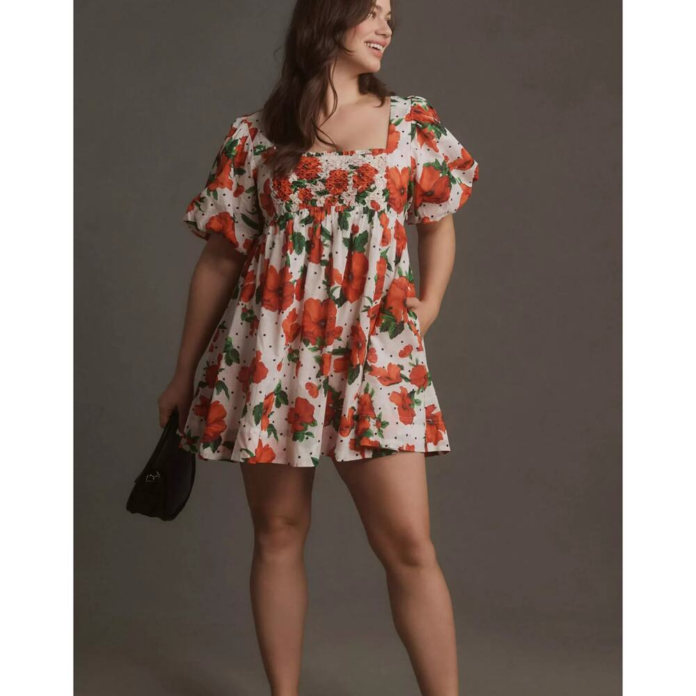 Anthropologie Maeve Floral Square Neck Smocked Babydoll Mini Dress Red M - Picture 3 of 12